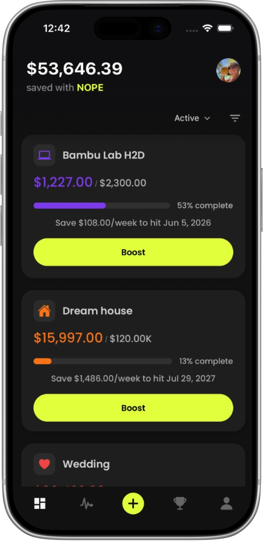 NOPE app screen showing progress
